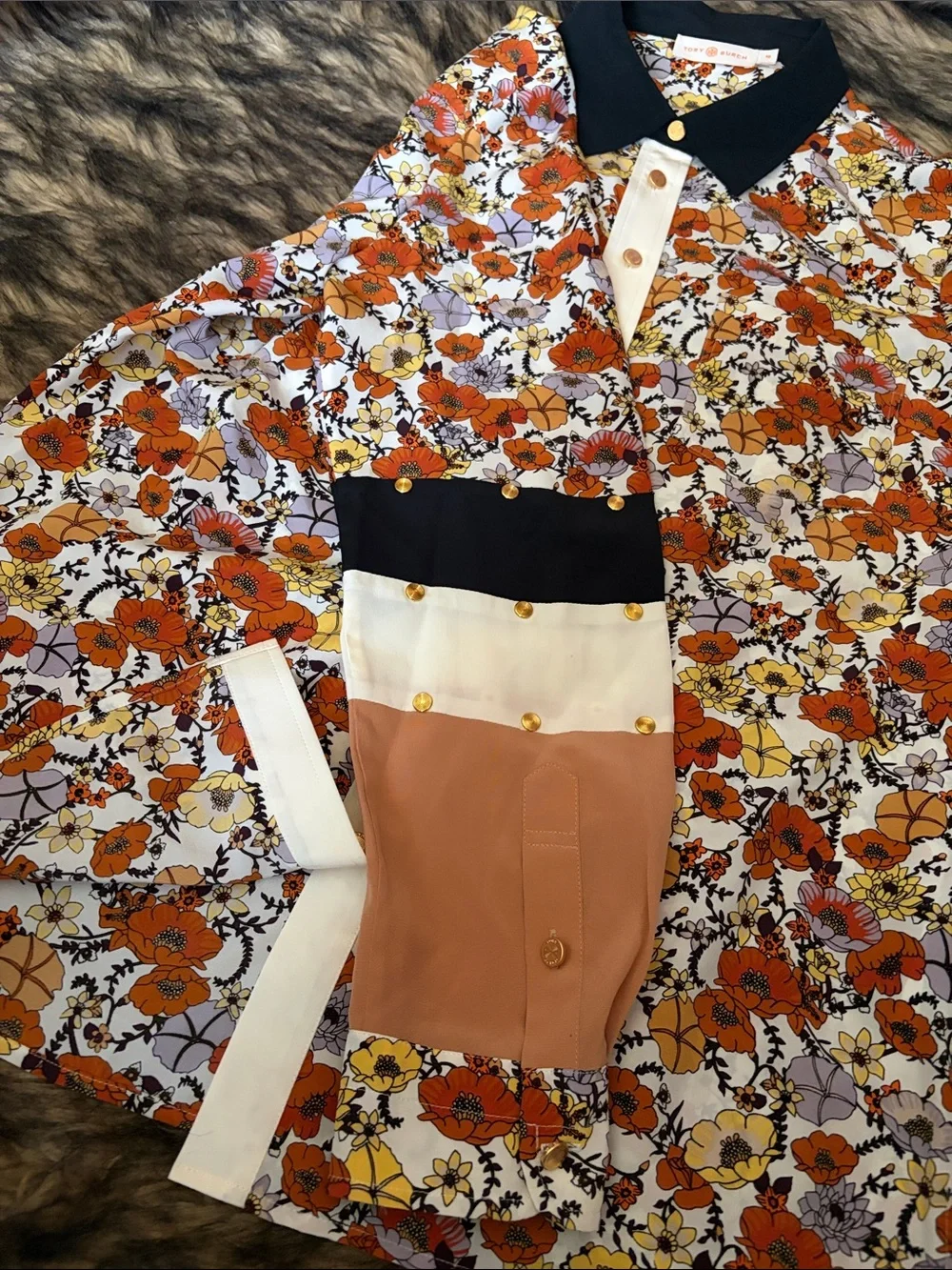 Tory Burch Silk Shirt Ditsy Blossom Patchwork Stud Print Floral Orange Size 10
